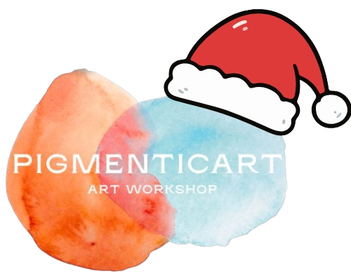 Art workshop logo with watercolor design and Santa hat on a white background